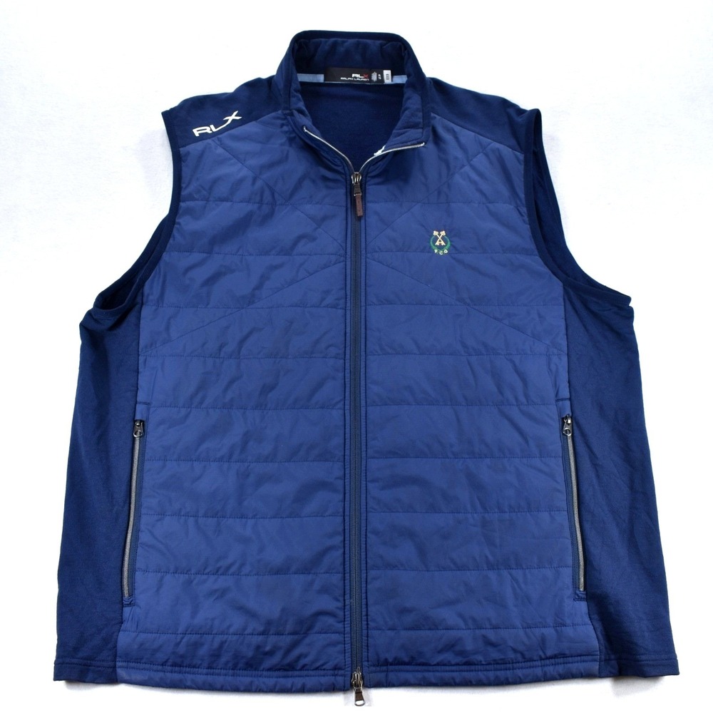 RLX Ralph Lauren Mens XL Navy Blue Quilted Hybrid Golf Vest PCG Logo Full Zip